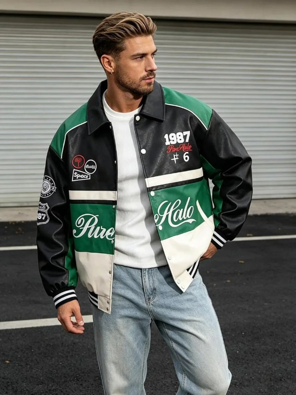 Men's Racing Jacket Faux Leather Race Car Motorcycle Biker Style